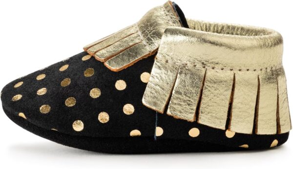 Black and Gold:Baby moccasins: 100% high quality leather, soft soles to promote foot development