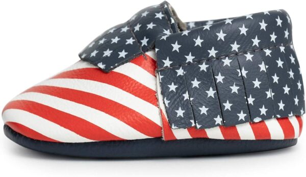 Stars and Stripes:Baby moccasins: 100% high quality leather, soft soles to promote foot development